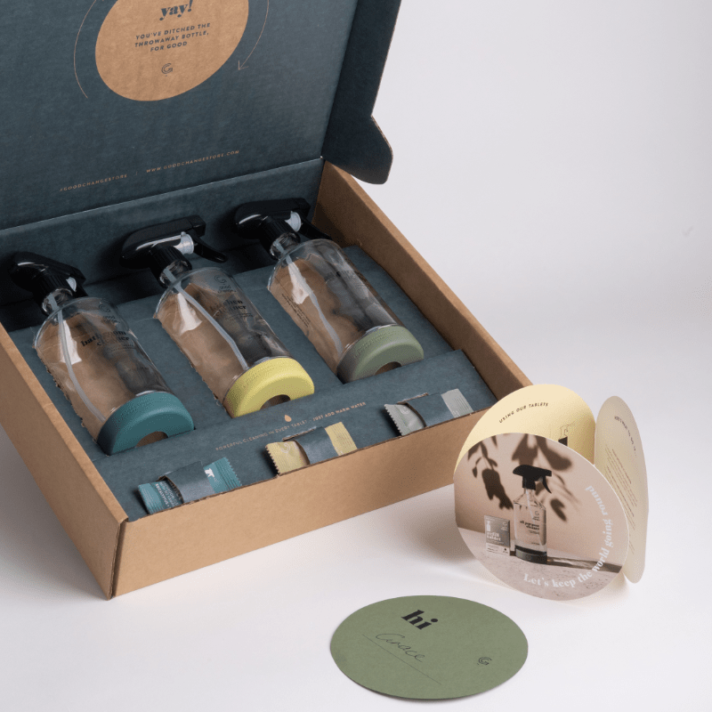 The Bottle For Good Starter Kit - Three reusable bottles, three plant powered refill tablets, pictured in box with welcome card
