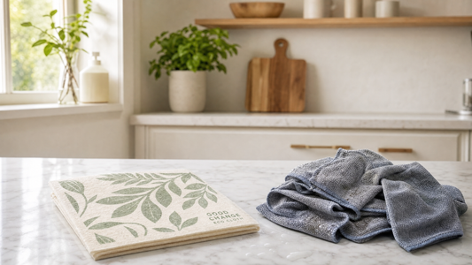 Good Change Eco Cloth with botanical leaf print next to a pile of grey synthetic microfibre cloths on a marble kitchen counter