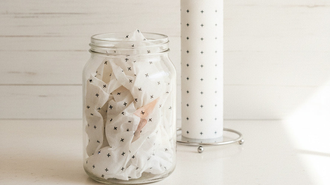 A jar of washed and folded Reusable Bamboo Towel sheets beside the roll on a kitchen bench