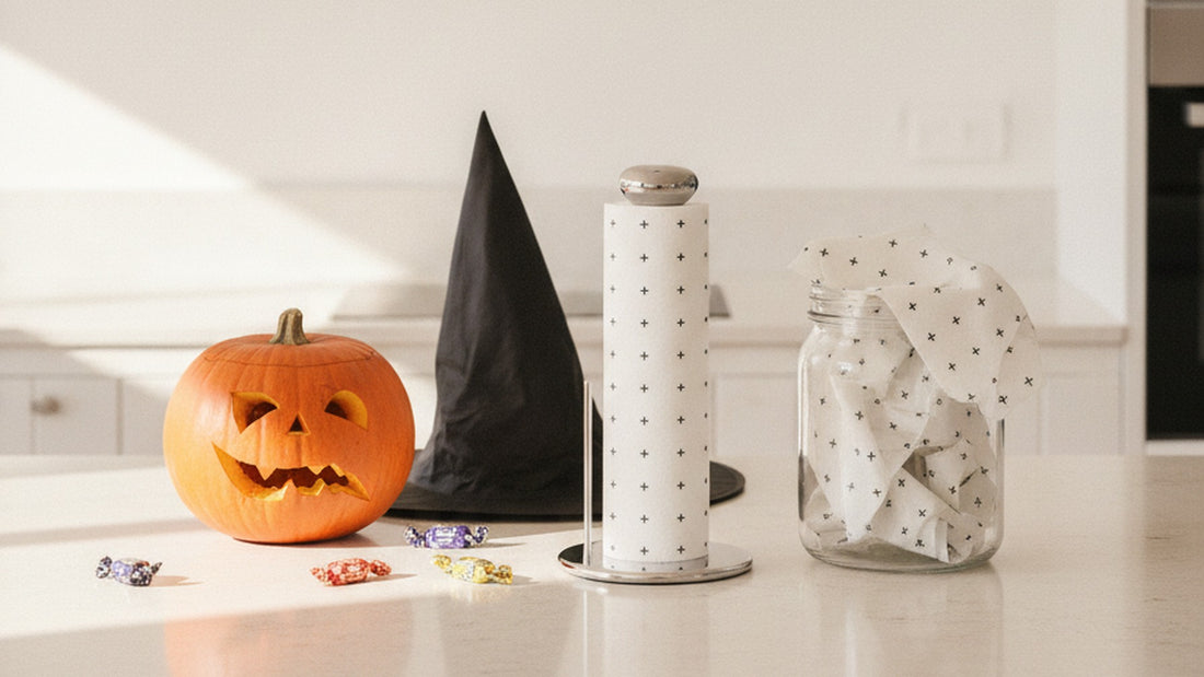 A carved pumpkin, witch hat and scattered lollies on a kitchen bench beside a Reusable Bamboo Towel roll and a jar of used sheets, the morning after Halloween