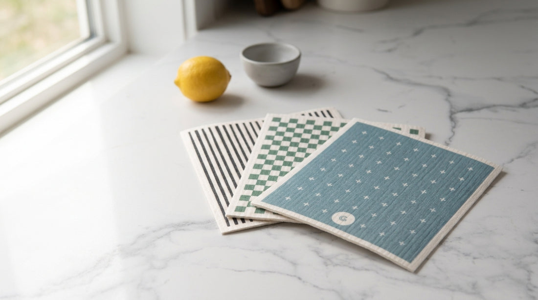 Good Change Eco Cloths - charcoal stripe, sage check and dusty blue designs fanned on a marble kitchen bench in natural light