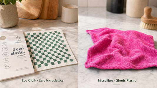 Good Change Eco Cloth vs microfibre cloth comparison — eco cloth zero microplastics vs microfibre sheds plastic