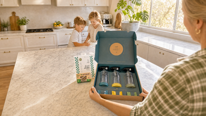 Family in a modern kitchen unboxing the Bottle for Good Starter Box with eco cloths and Crafty Weka Bar
