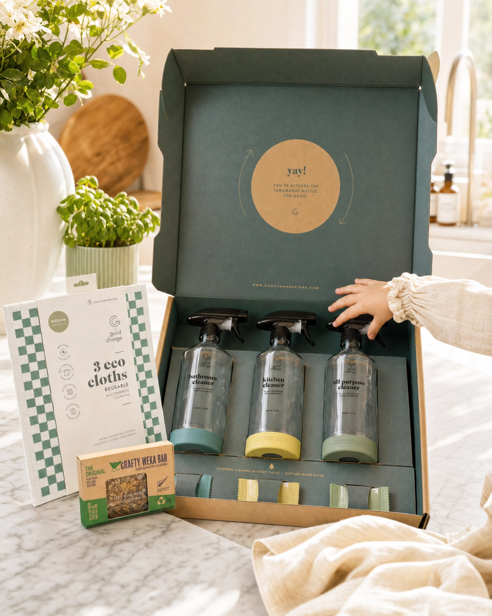 Bottle for Good Starter Box open on a kitchen bench with free Crafty Weka Bar and free Eco Cloth 3-pack - June Enjoy Natural offer