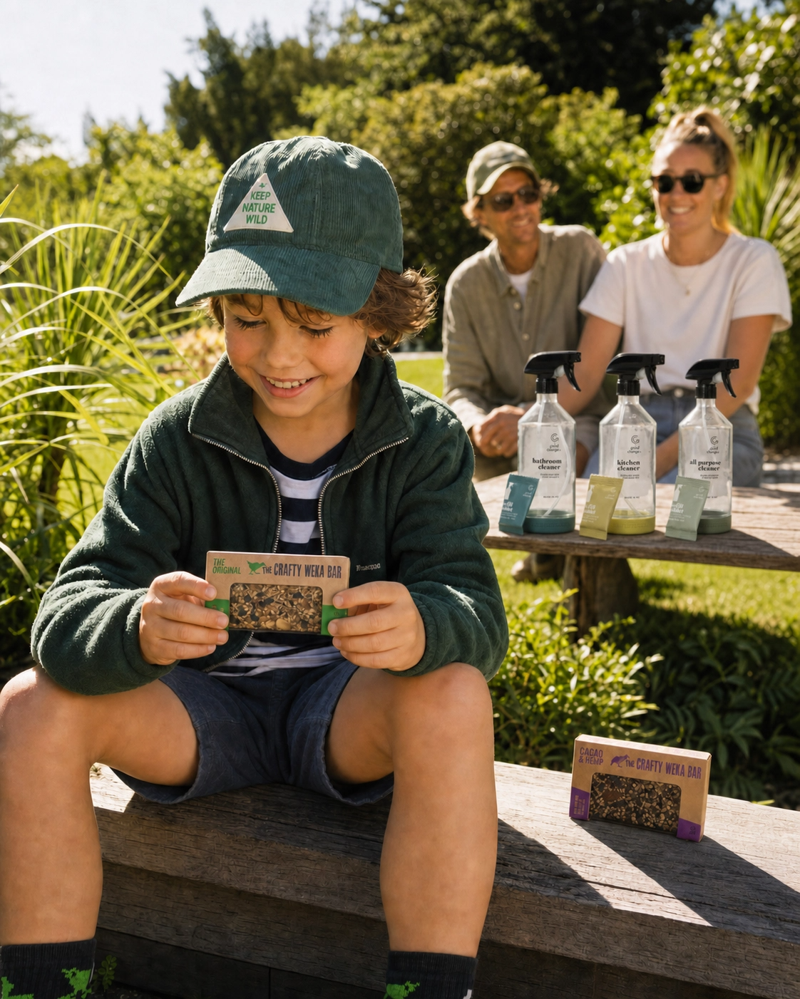 Family outdoors with Crafty Weka Bars and Bottle for Good spray bottles - enjoy natural this June