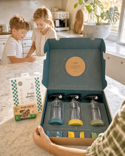 Opening the Bottle for Good Starter Box at the kitchen bench with free Eco Cloths and Crafty Weka Bar - June offer